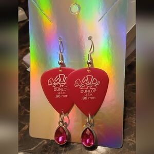 Dunlop Red Guitar Pick Dangle Earrings